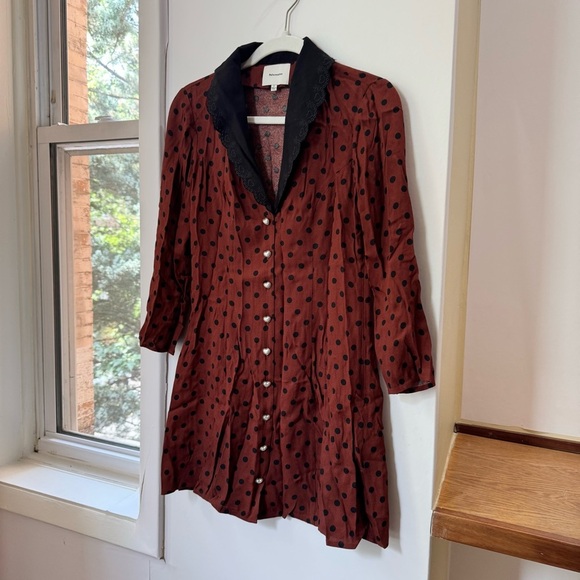 Reformation Galene Dress Mini Short Pearl Heart Sleeve Fig Jam Dot 2 - Picture 7 of 12